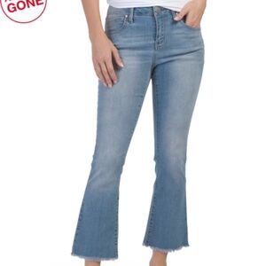 1822 Denim Xara Repreve 26in Demi boot w/fray hem, light/medium wash, size 14